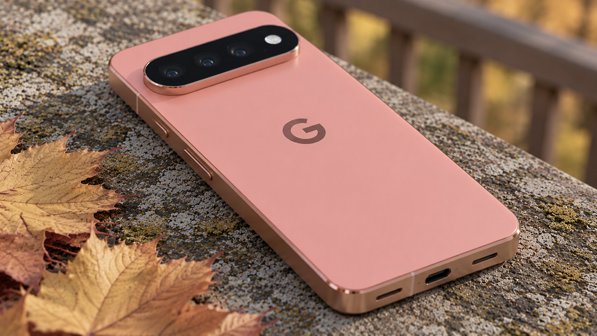 Oranžový Google Pixel 11 Pro vedle podzimního listí.