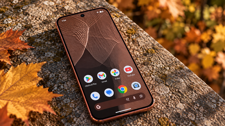 Displej mobilu Google Pixel 11 Pro. Mobil je položený na patníku, vedle je podzimní listí. 