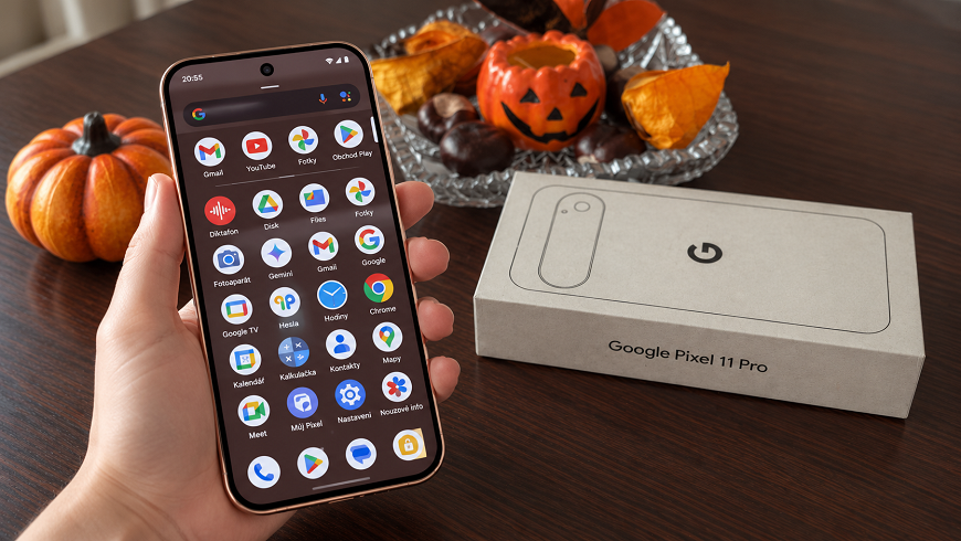 Menu na displeji Google Pixelu 11 Pro. V pozadí je podzimní výzdoba a krabička od telefonu.