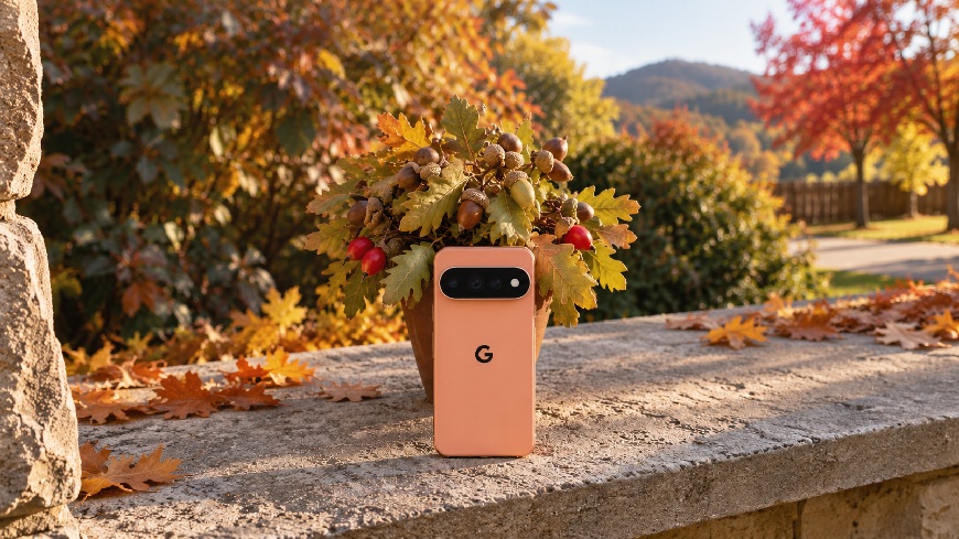 Mobil Google Pixel 11 Pro opřený o podzimní dekoraci