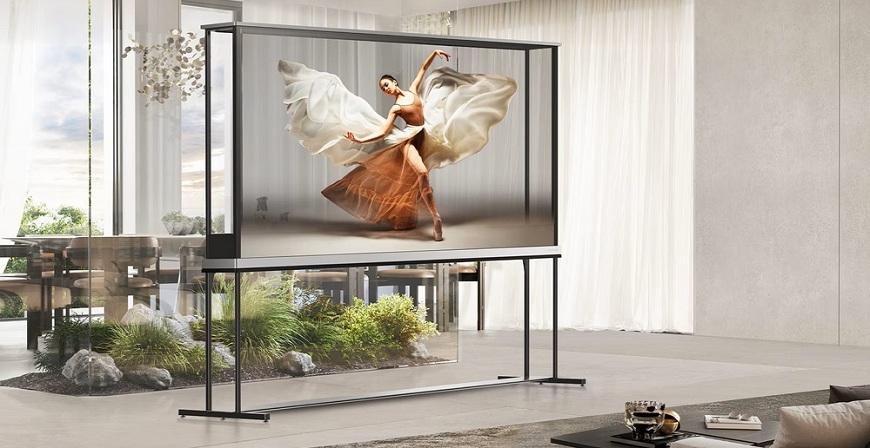 75, 98 nebo 115 palců? Rozdíl, který musíte vidět naživo! Průhledná obrazovka televize LG OLED77T49. Na obrazovce je baletka.