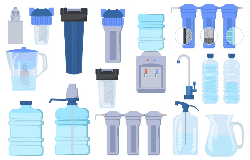 ☘️Mikroplasty ve vodě: Jak vznikají a jak je můžeme omezit Ilustrace různých druhů filtrů na vodu