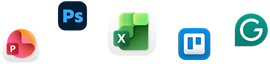 Rozptýlené ikony různých aplikací, jako jsou Microsoft PowerPoint, Affinity Photo&nbsp;2, Microsoft Excel, Trello a&nbsp;Grammerly