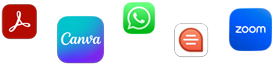 Rozptýlené ikony různých aplikací, jako jsou Adobe Acrobat, Canva, WhatsApp, Quip a&nbsp;Zoom