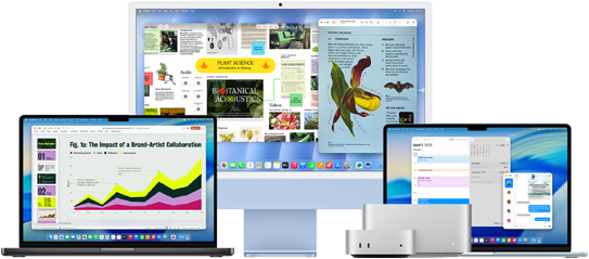 MacBook&nbsp;Pro, iMac, MacBook&nbsp;Air, Mac&nbsp;mini a&nbsp;Mac&nbsp;Studio vedle sebe, na nich spuštěné různé aplikace: Microsoft PowerPoint, Freeform, Náhled, Kalendář a&nbsp;Zprávy