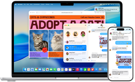 MacBook&nbsp;Air se zobrazenou textovou zprávou v&nbsp;aplikaci Zprávy a&nbsp;s&nbsp;ukázkou Kontinuity mezi zařízeními, vedle něj je iPhone&nbsp;16 Pro&nbsp;Max se stejnou zprávou na obrazovce