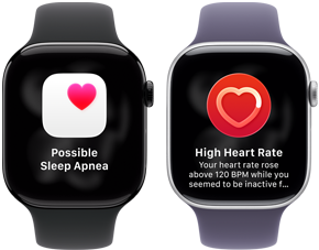 Dvoje Apple Watch Series 11 vedle sebe, hliníkové pouzdro, klavírně černá barva, upozornění na možnou spánkovou apnoi, růžové srdce na bílém poli, na pravém boku korunka Digital Crown, černý sportovní řemínek. Druhé hodinky, titanové pouzdro, stříbrná barva, aplikace Srdeční tep, aktuální počet tepů za minutu, na pravém boku korunka Digital Crown, mlžně fialový sportovní řemínek