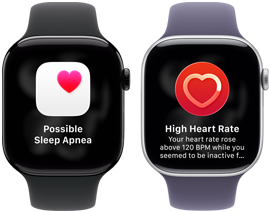 Dvoje Apple Watch Series 11 vedle sebe, hliníkové pouzdro, klavírně černá barva, upozornění na možnou spánkovou apnoi, růžové srdce na bílém poli, na pravém boku korunka Digital Crown, černý sportovní řemínek. Druhé hodinky, titanové pouzdro, stříbrná barva, aplikace Srdeční tep, aktuální počet tepů za minutu, na pravém boku korunka Digital Crown, mlžně fialový sportovní řemínek