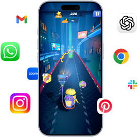 iPhone, na obrazovce je vidět hra Minion Rush, telefon obklopený ikonami aplikací Gmail, WhatsApp, Zoom, Instagram, ChatGPT, Google Chrome, Slack a Pinterest