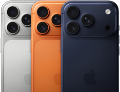 Tři modely iPhonu 17 Pro, pohled zezadu, stříbrná, kosmicky oranžová a temně modrá barva, navzájem se překrývají, viditelné jen zčásti. Všechny 3 modely mají profesionální fotosoustavu v levém horním rohu, 3 objektivy, mikrofon, blesk, logo Apple uprostřed