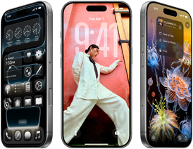 Tři iPhony 17 Pro z různých úhlů se třemi různými obrazovkami iOS 26, včetně plochy s designem Liquid Glass, tapety a Fotek