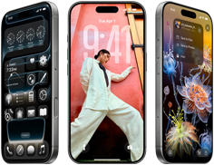 Tři iPhony 17 Pro z různých úhlů se třemi různými obrazovkami iOS 26, včetně plochy s designem Liquid Glass, tapety a Fotek